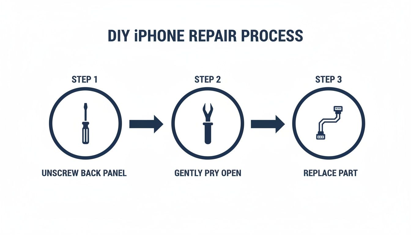 DIY iPhone repair process with icons for unscrewing, prying open, and replacing parts.
