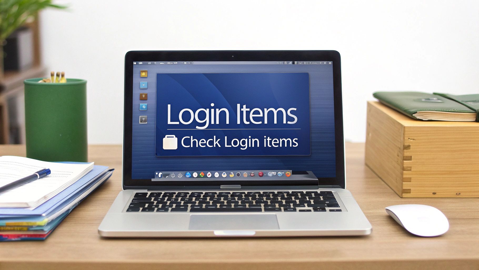 A MacBook laptop displaying 'Login Items' on its screen, surrounded by desk accessories and a white mouse.