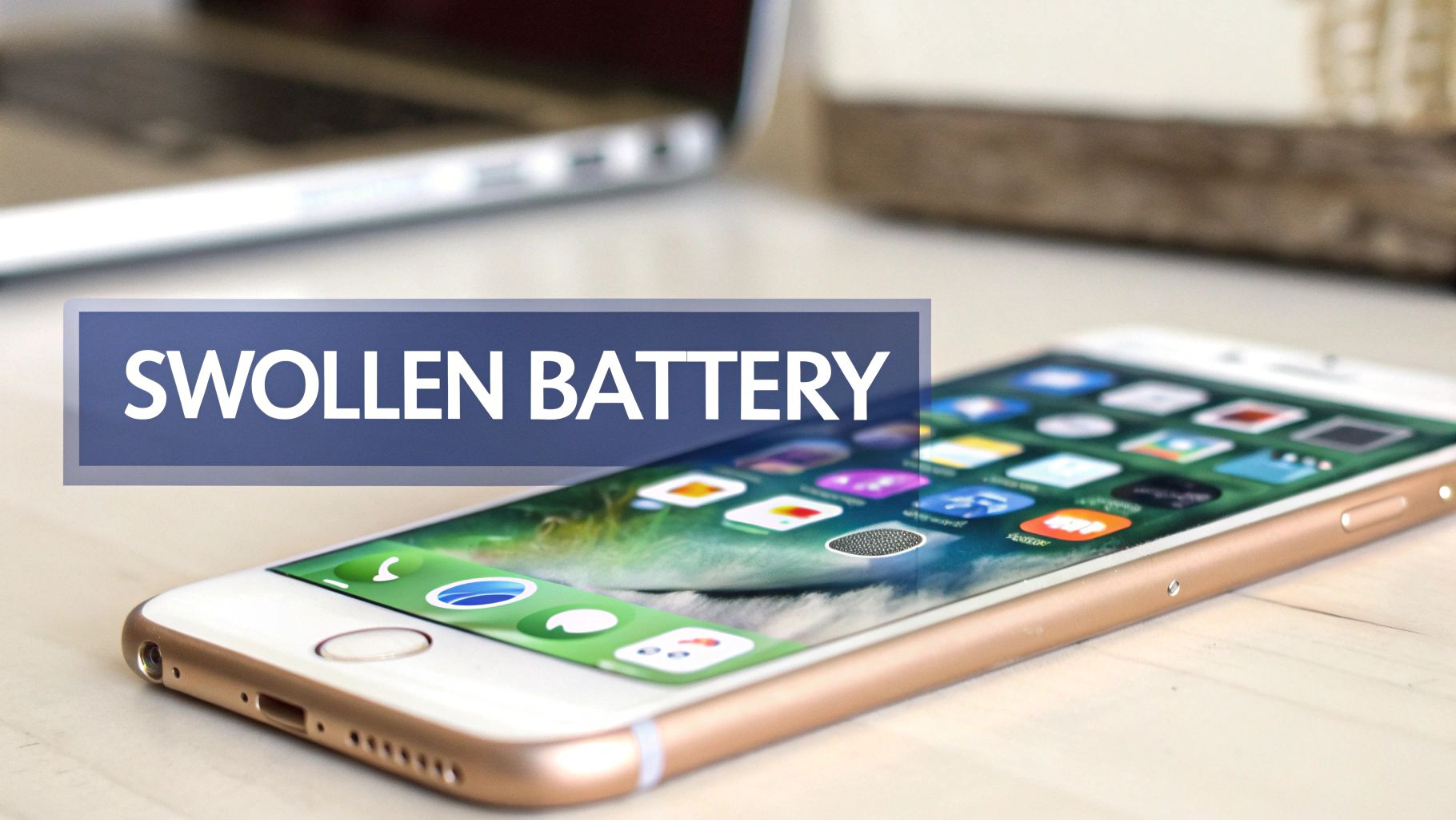 A swollen iPhone battery pushing the screen out of the frame.