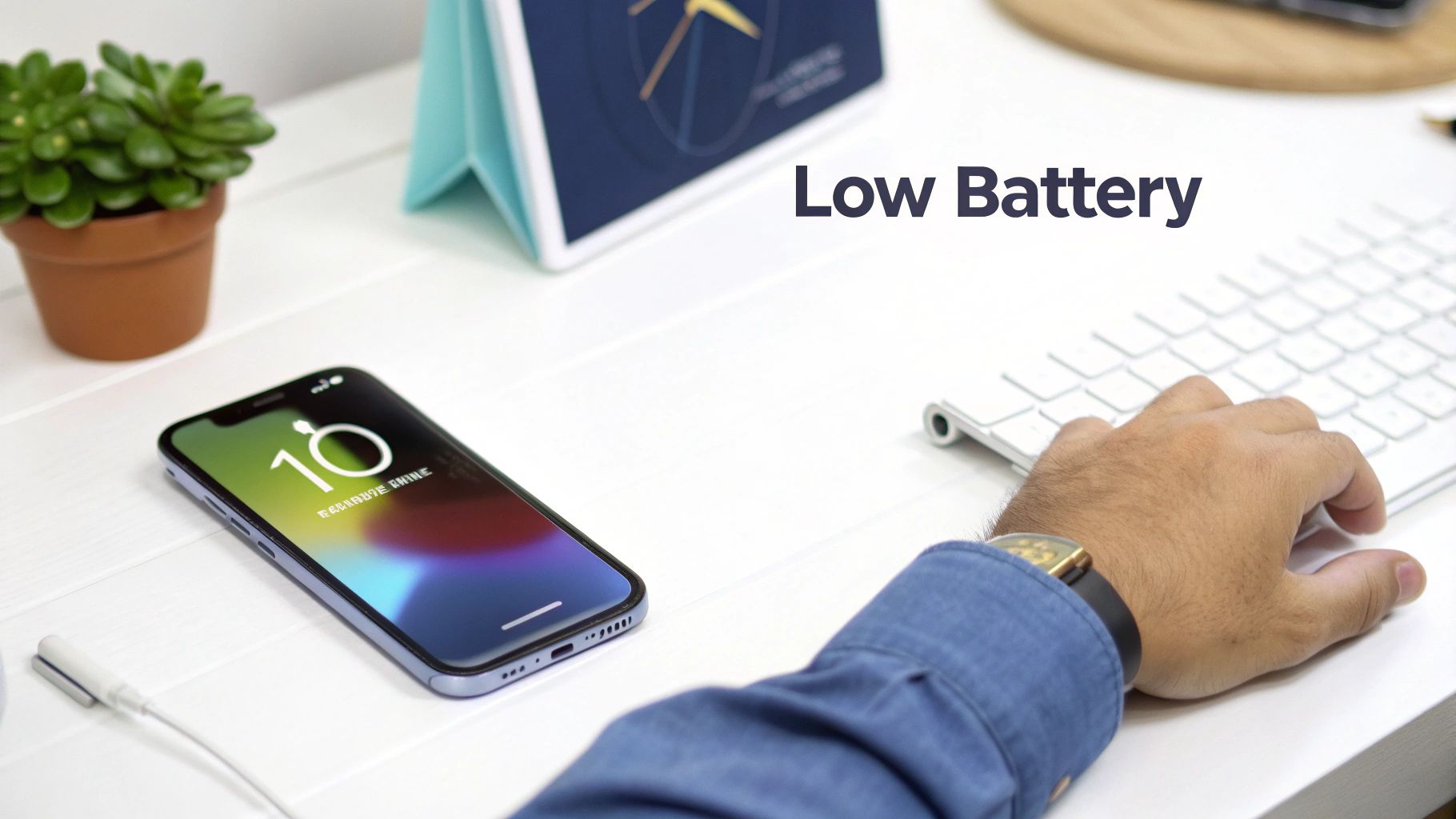iPhone displaying low battery warning at 10 percent on white desk with keyboard and plant