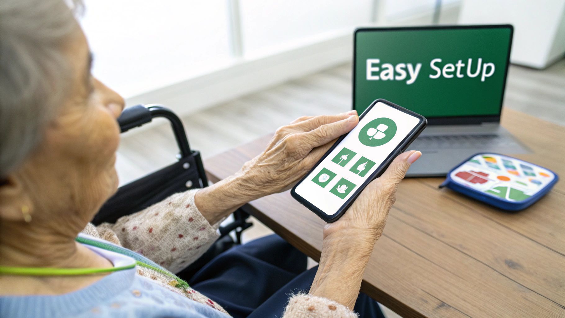 Elderly person in a wheelchair holding a smartphone with an app, next to a laptop displaying 'Easy SetUp'.