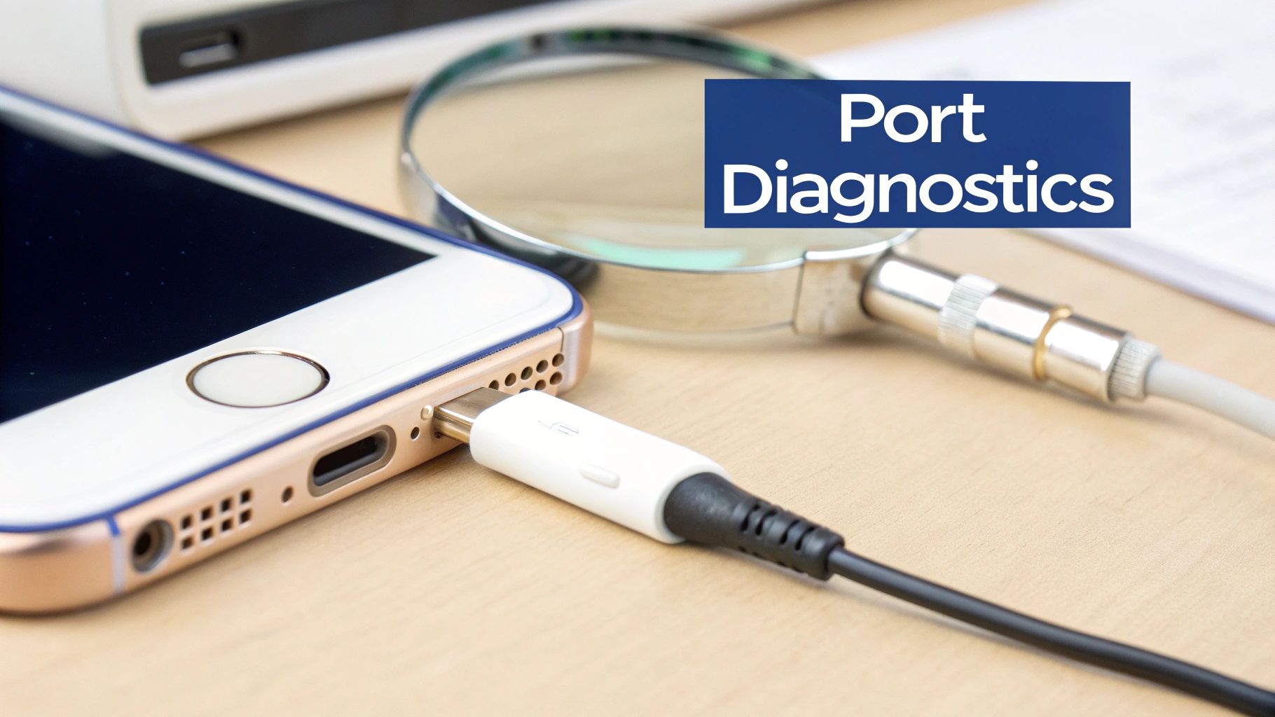 Close-up of an iPhone connected to a charging cable, next to a magnifying glass, with 'Port Diagnostics' text overlay.