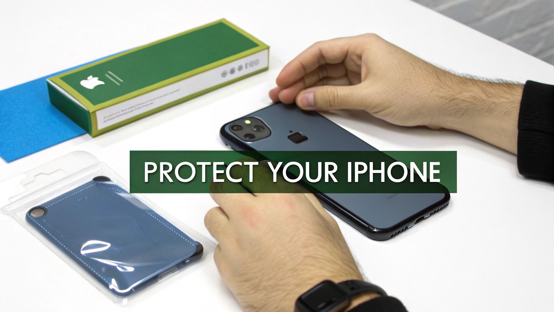 Hands applying a dark blue protective case to an iPhone next to an Apple box and another case, emphasizing protection.