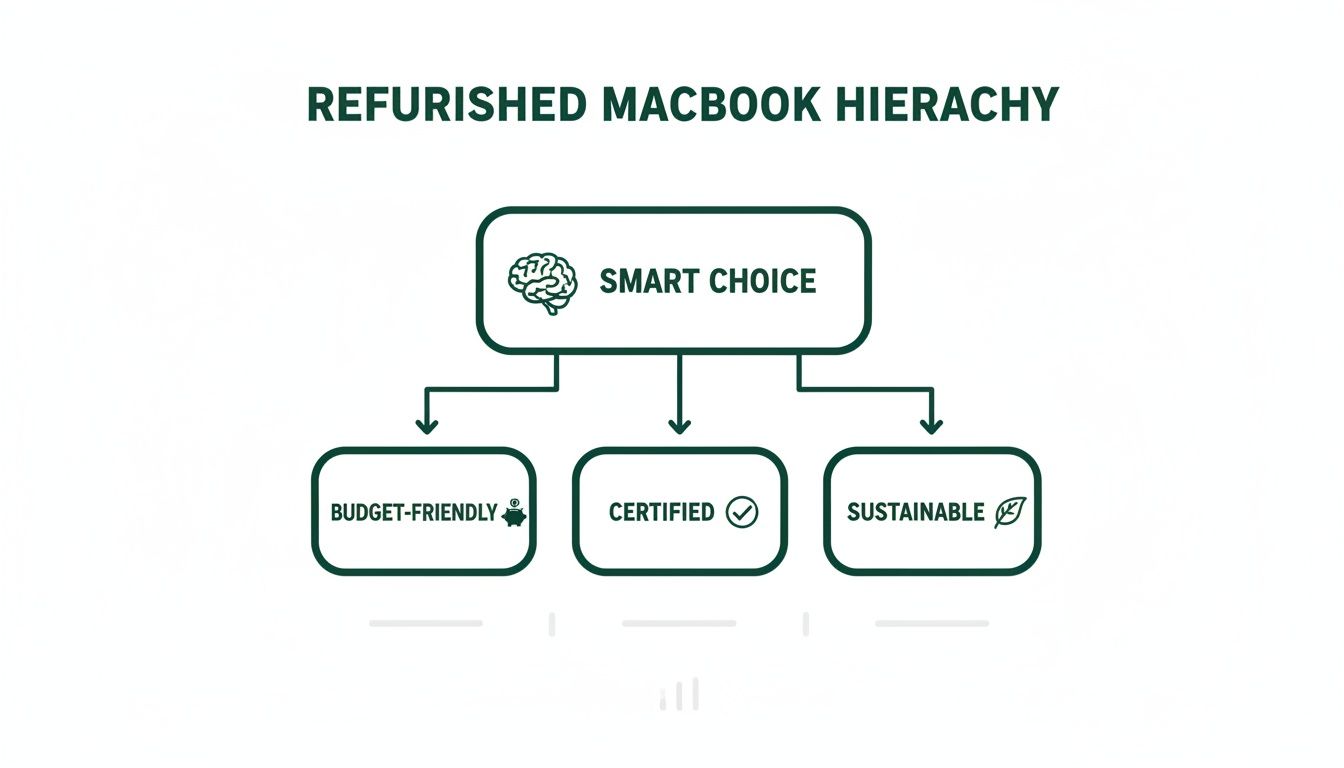 A diagram illustrating the Refurbished Macbook Hierarchy, showing Smart Choice leading to Budget-Friendly, Certified, and Sustainable options.
