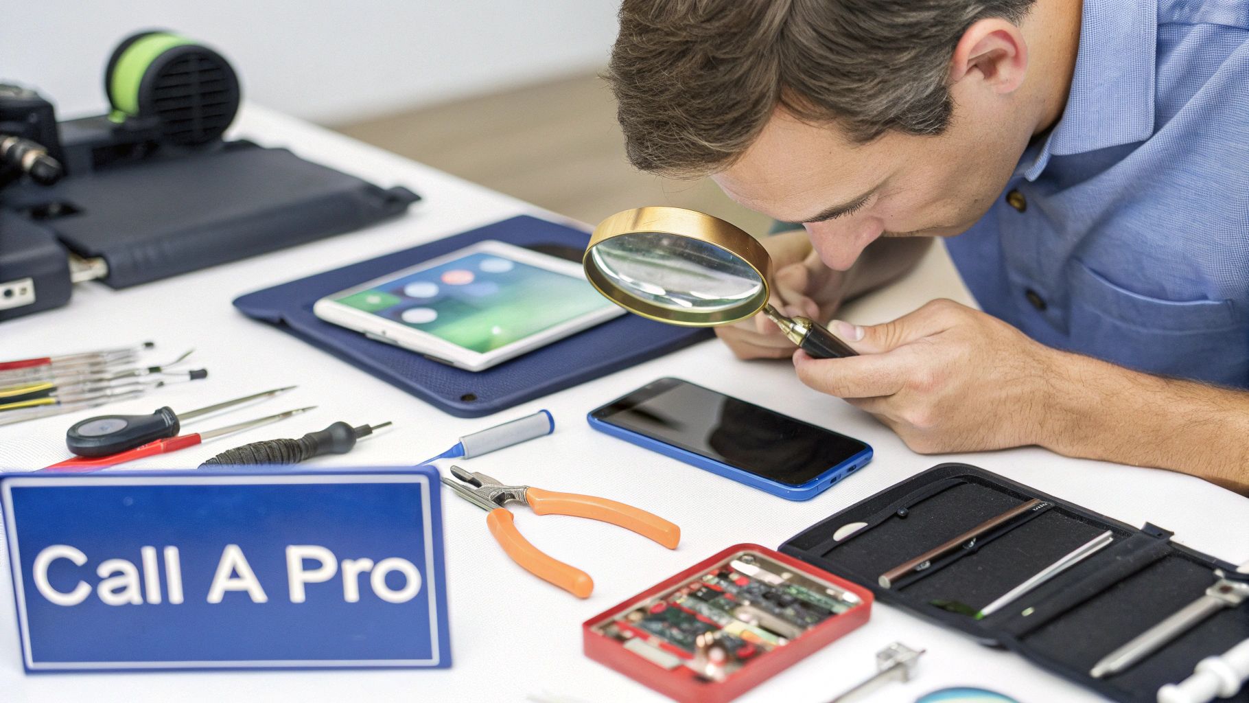 A professional technician in a clean, well-lit workshop carefully works on a smartphone, highlighting expertise and specialised tools.