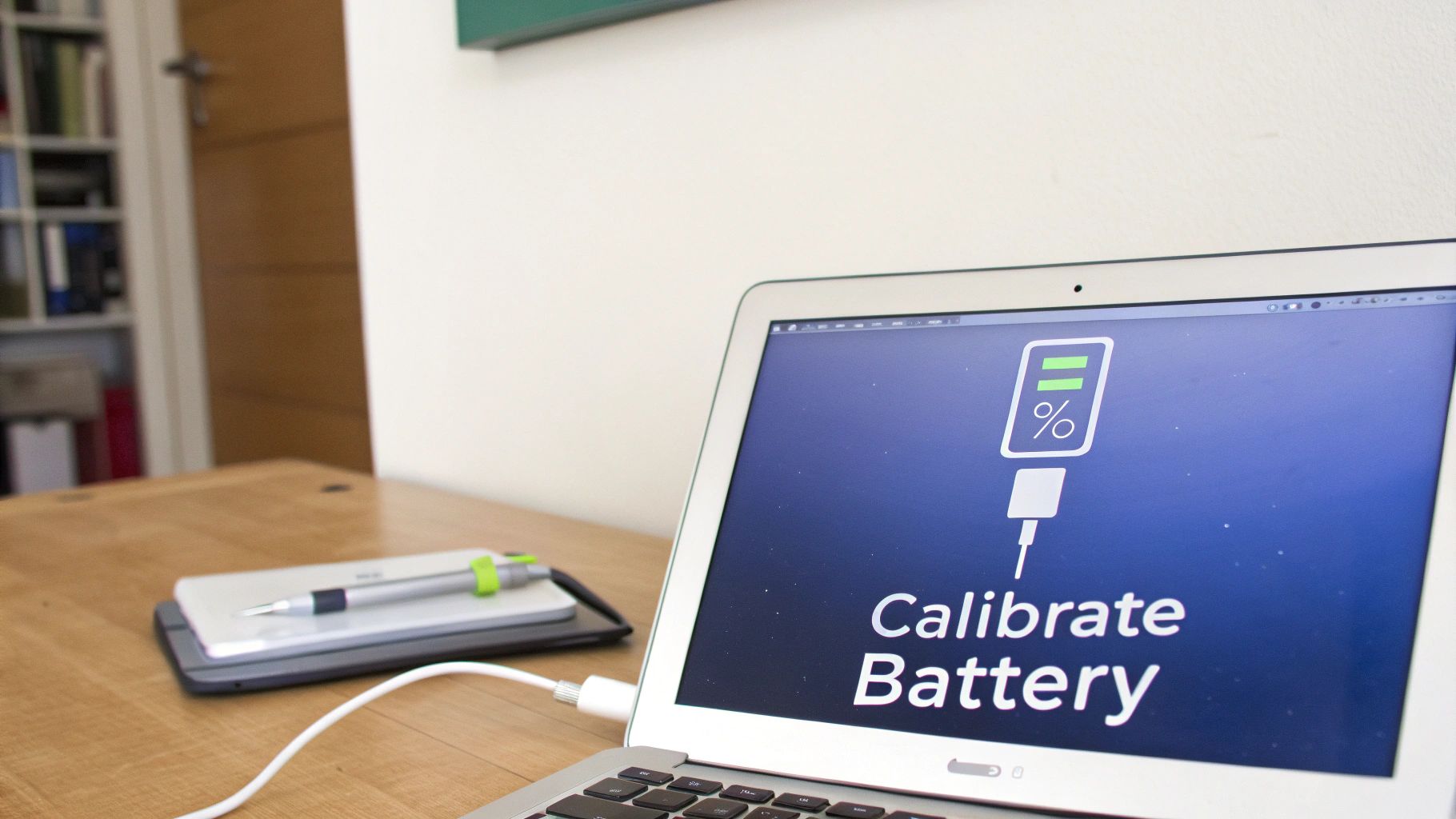A MacBook Air laptop displays 'Calibrate Battery' with a charging icon on a wooden desk.