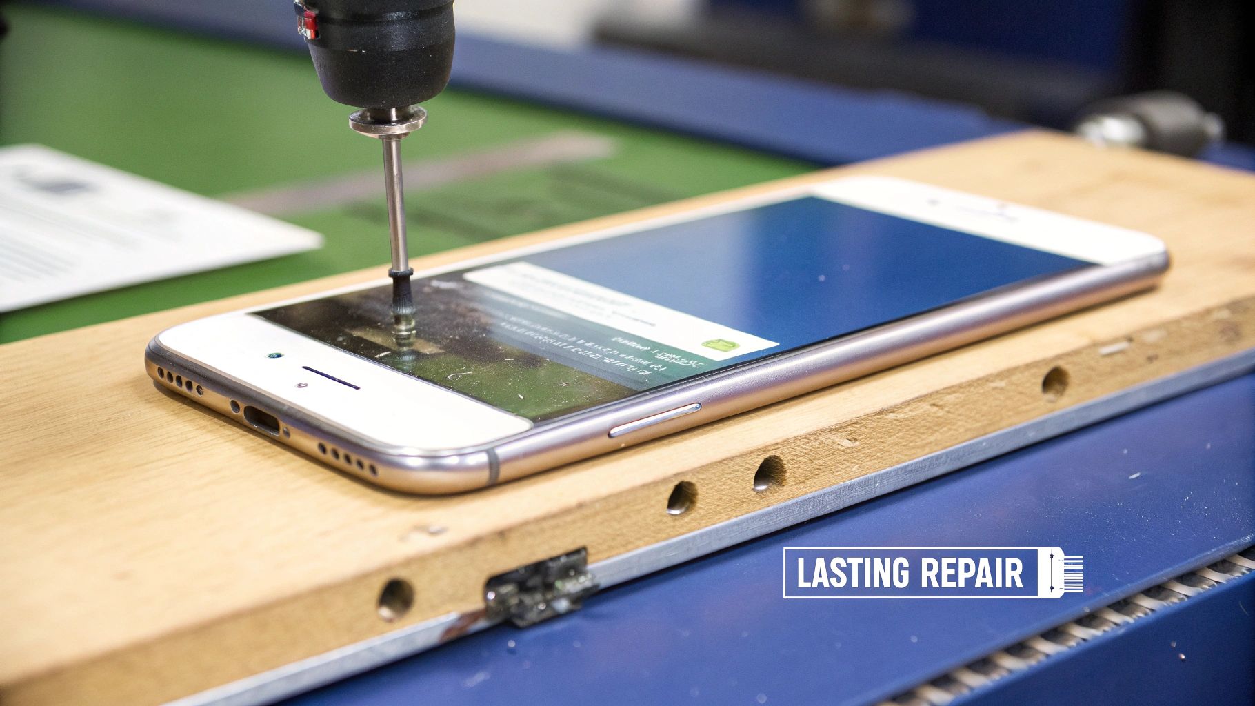 A technician carefully applying two sided sticky tape to a mobile phone frame during a repair.