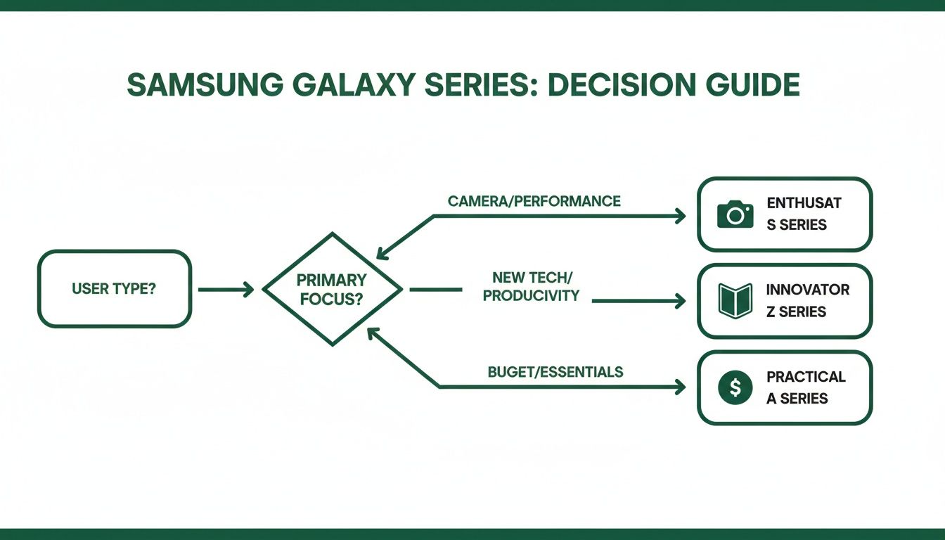 Flowchart guiding users to select a Samsung Galaxy phone model based on primary focus and needs.