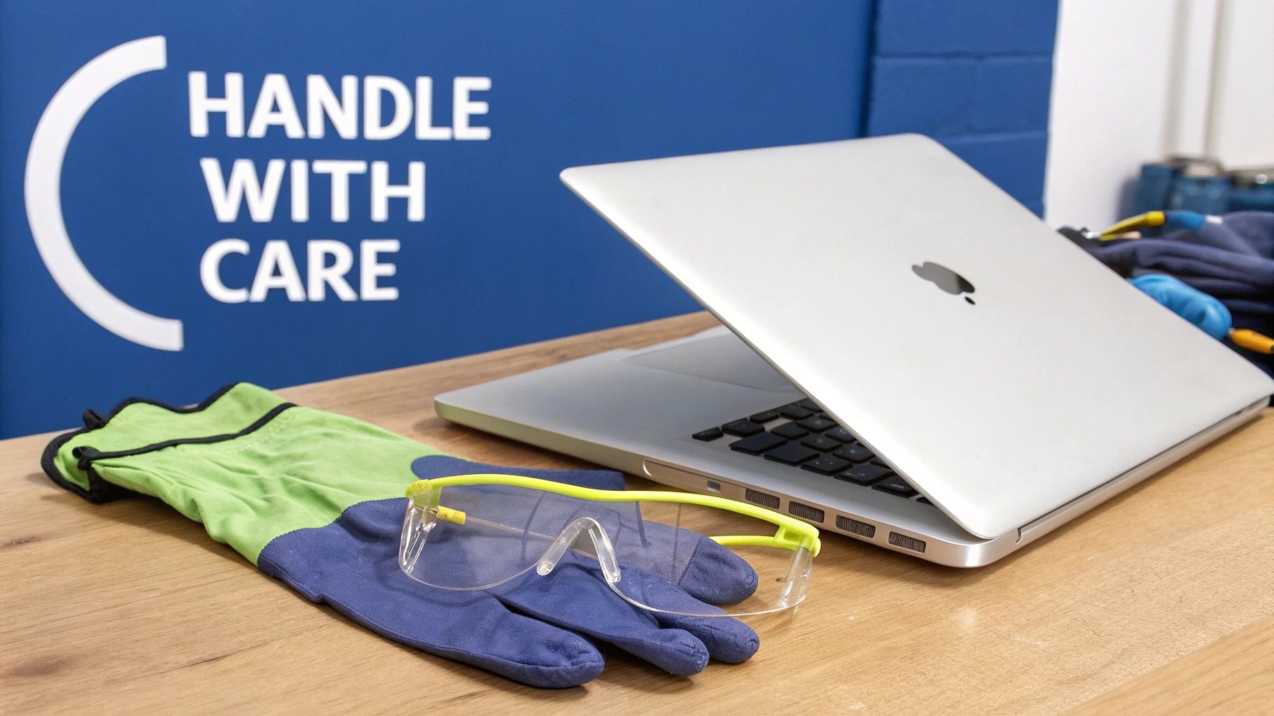 Green and blue safety gloves with clear safety glasses and a silver MacBook Pro on a wooden desk, next to a "HANDLE WITH CARE" sign.