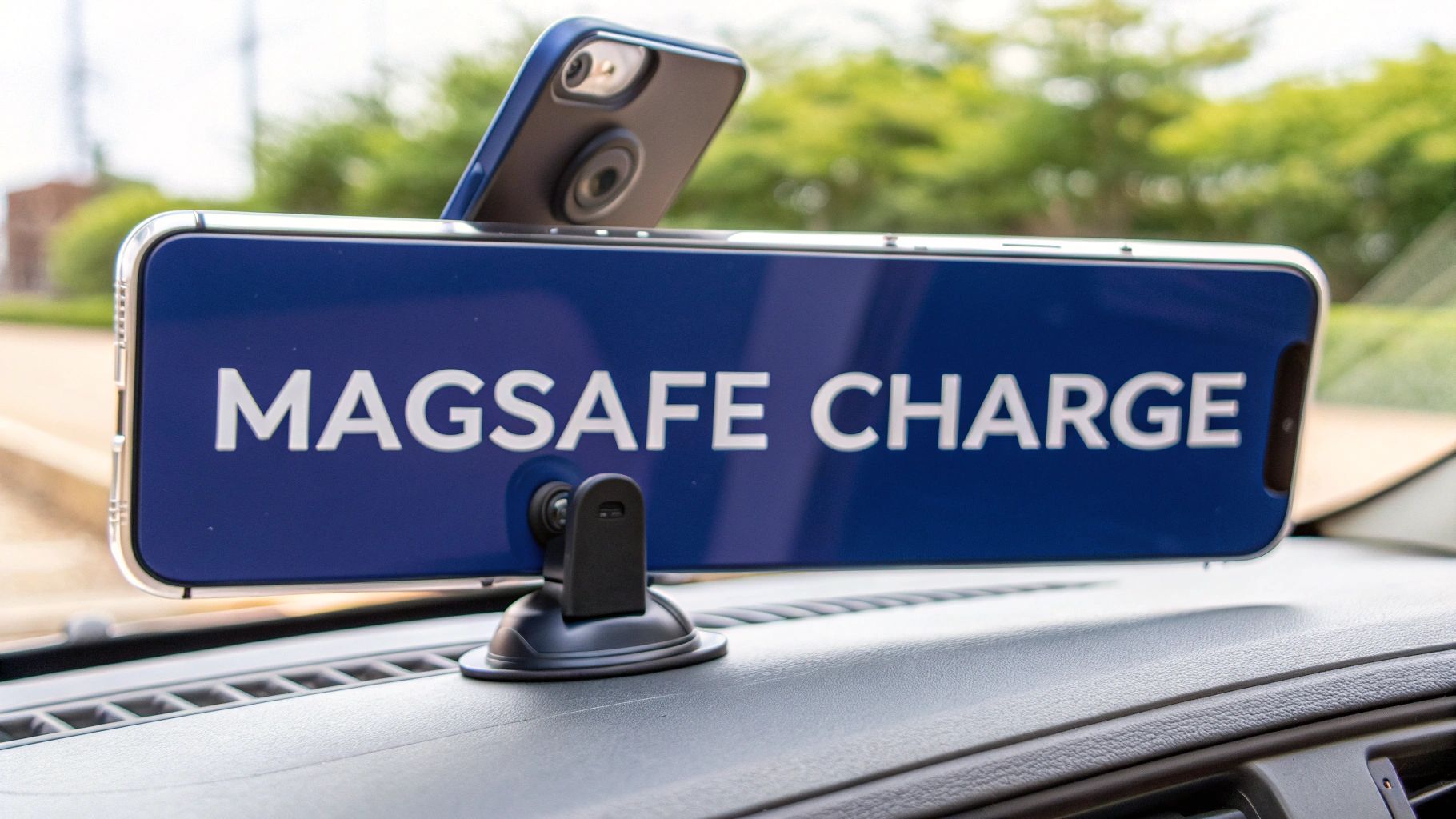 An iPhone displaying 'MAGSAFE CHARGE' is mounted horizontally on a car dashboard, with another phone attached.