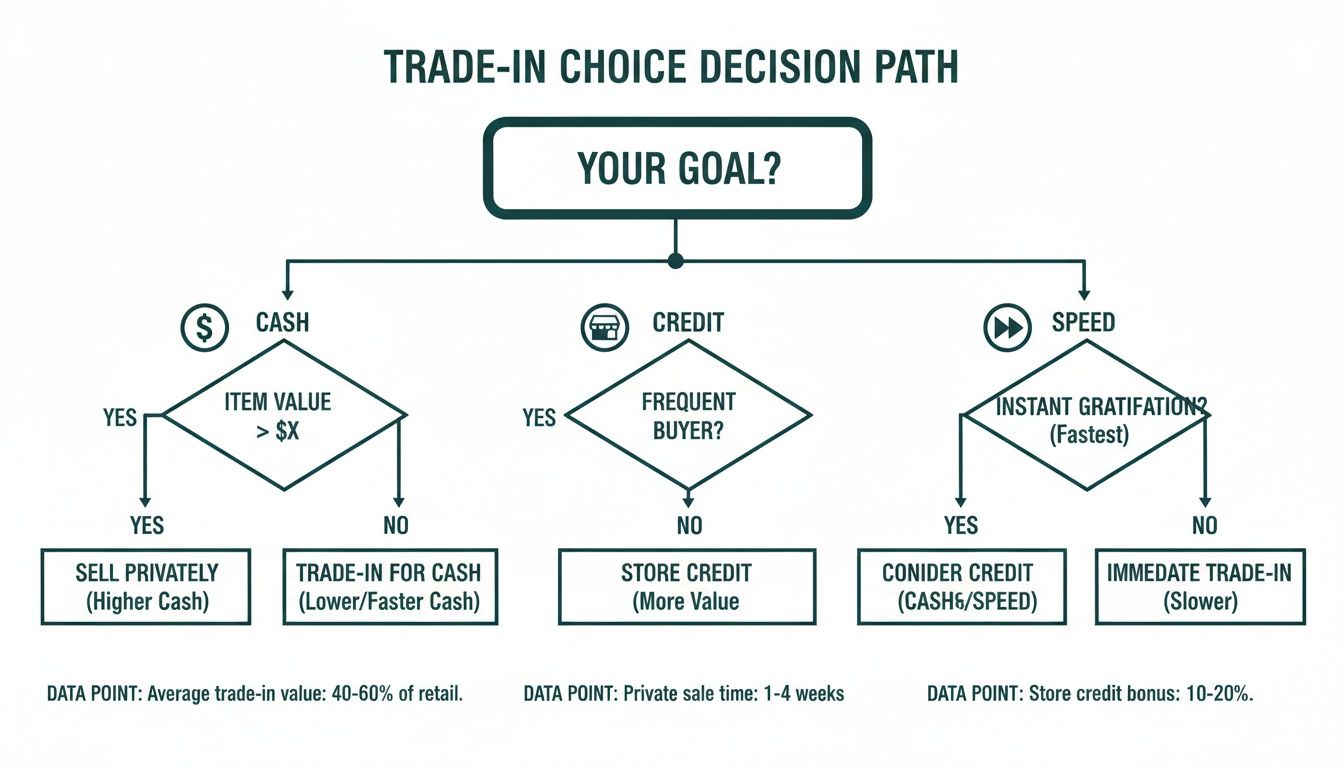 Flowchart detailing a trade-in choice decision path based on goals: cash, credit, or speed.