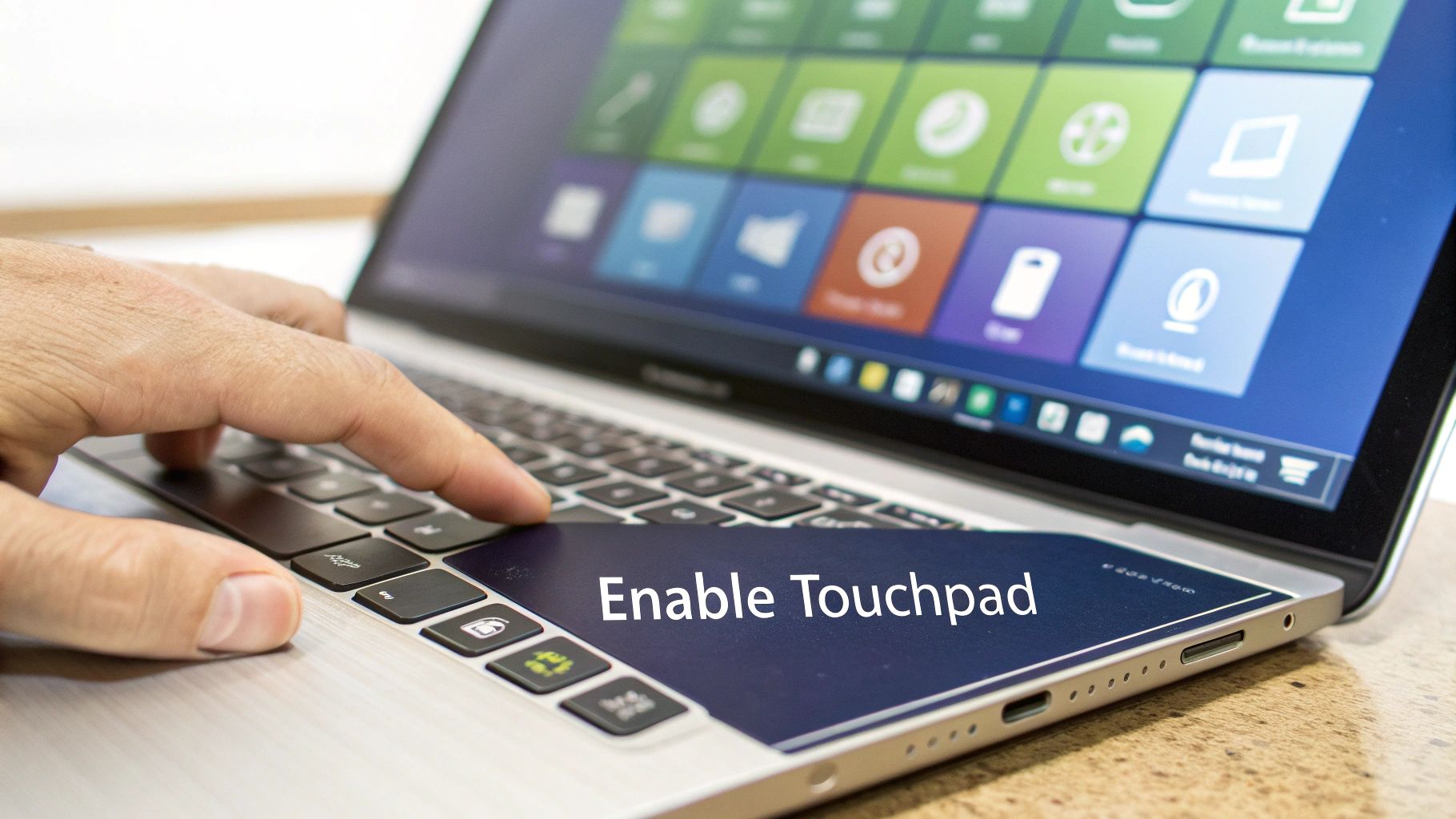 A person's hand typing on a laptop keyboard, with the touchpad displaying 'Enable Touchpad'.