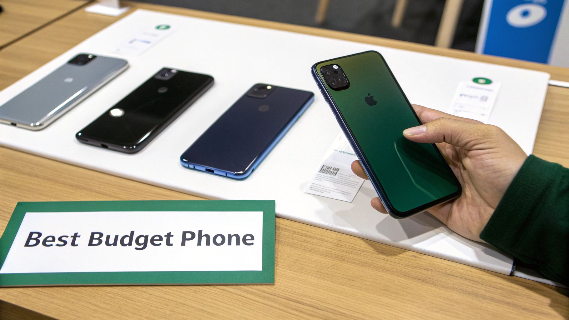 A hand holds a green iPhone, with other budget smartphones displayed on a white stand.