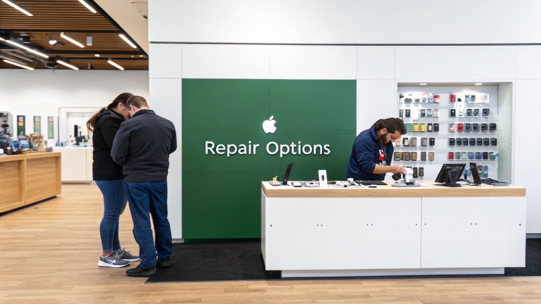Apple store with 'Repair Options' sign, showing a technician at work and waiting customers.