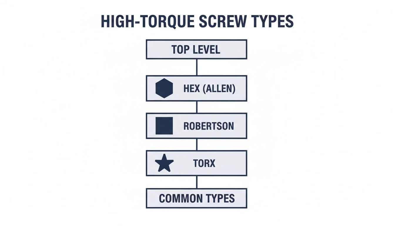 Flowchart illustrating high-torque screw types, including Hex (Allen), Robertson, and Torx drives.