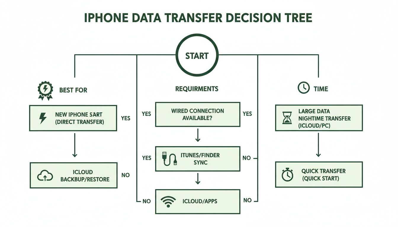 A decision tree flowchart illustrating various methods for transferring data between iPhones, based on requirements and time.