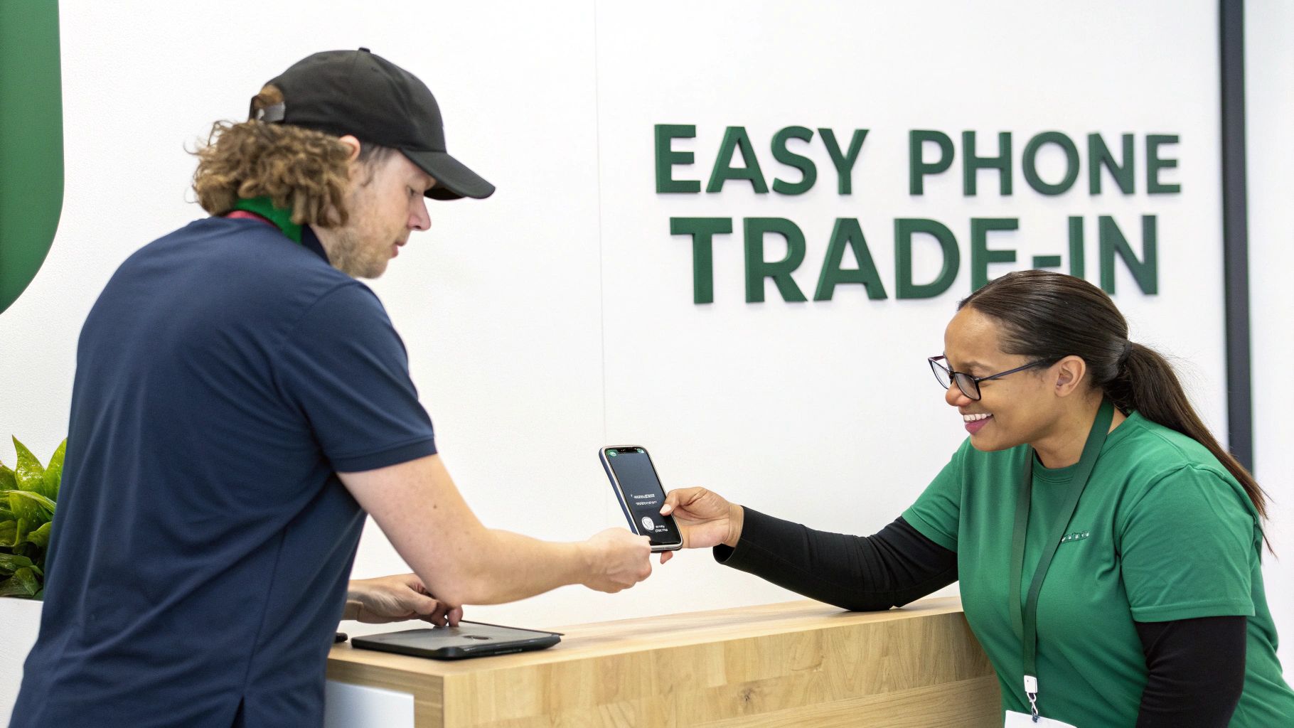 A man hands a smartphone to a smiling woman at a counter with 'EASY PHONE TRADE--IN' on the wall.
