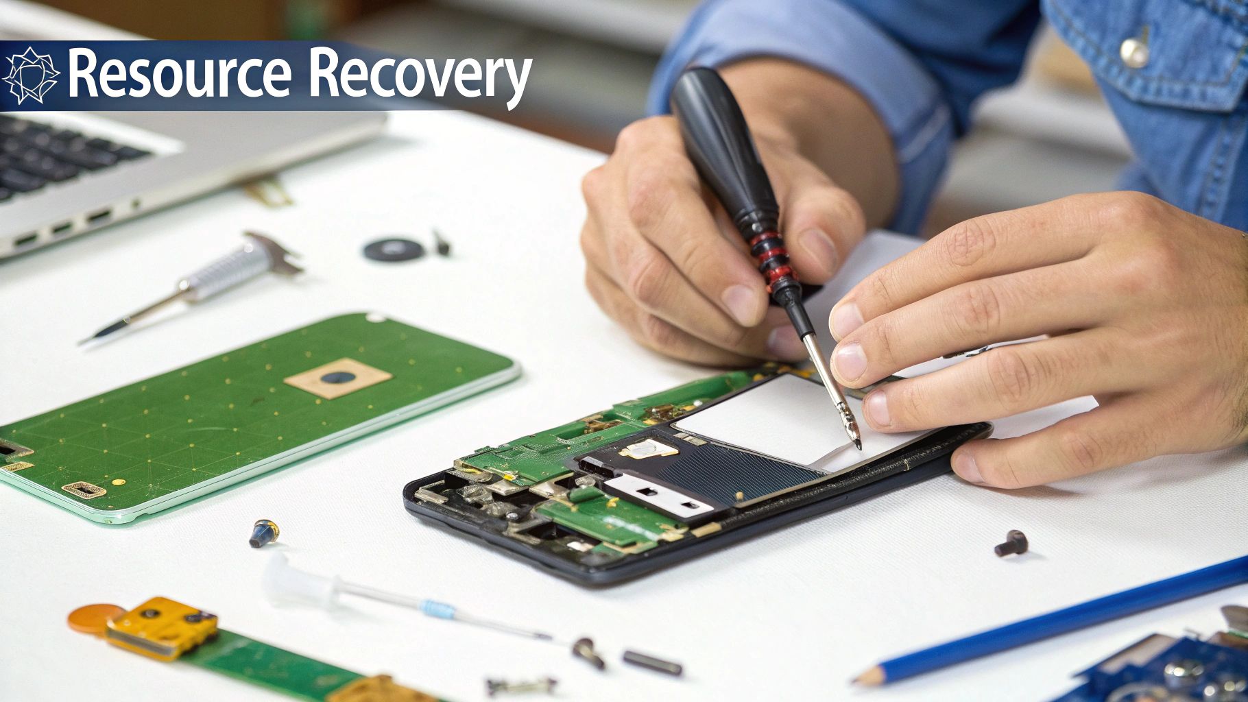 A close-up view of disassembled mobile phone parts laid out on a surface, highlighting the intricate internal components.