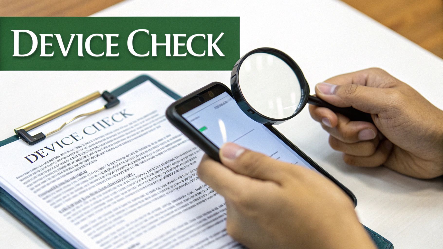A person's hands carefully inspecting a second-hand smartphone for any signs of damage.
