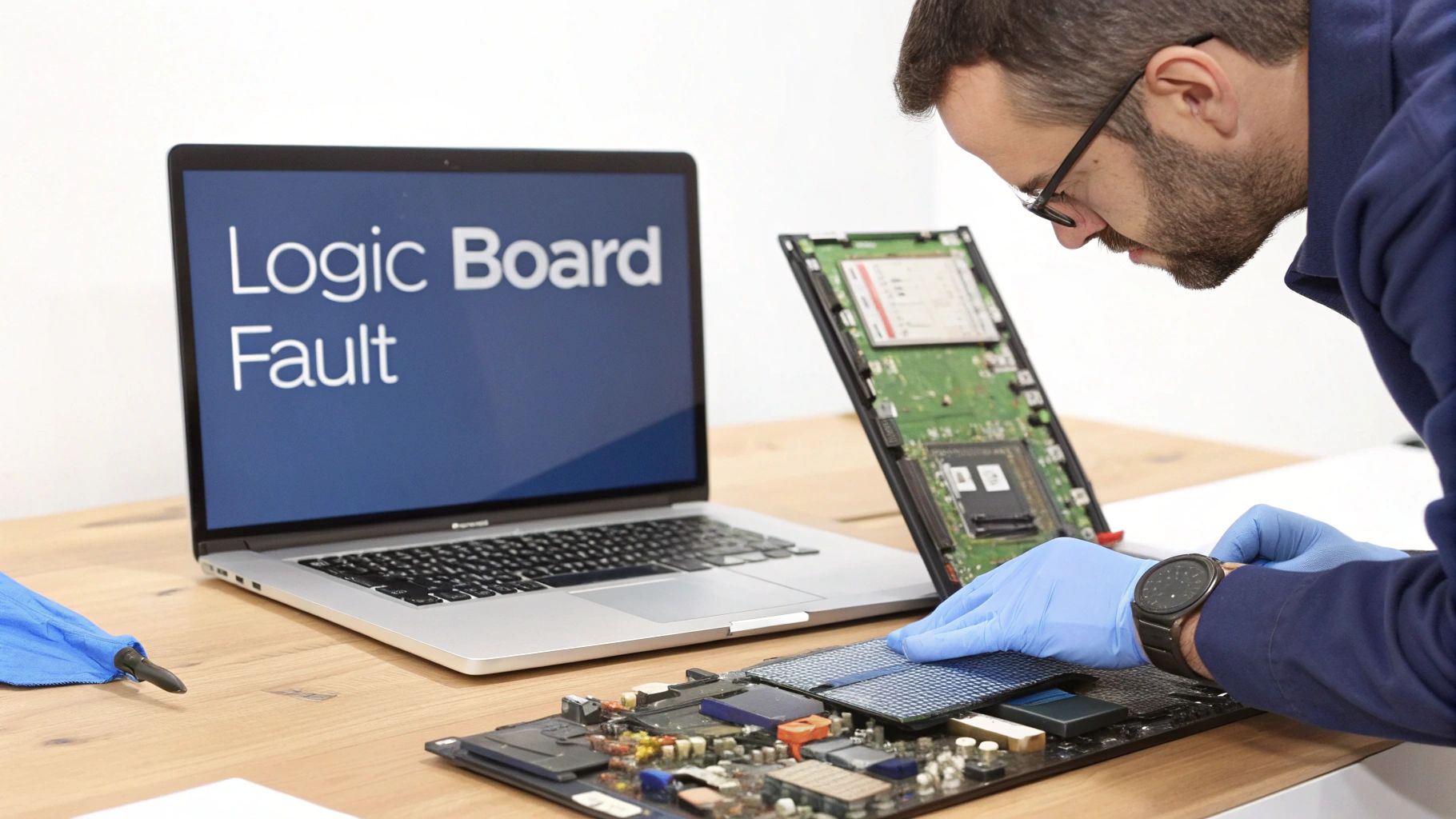 A technician in blue gloves meticulously repairs a computer logic board, while a laptop screen displays 'Logic Board Fault'.