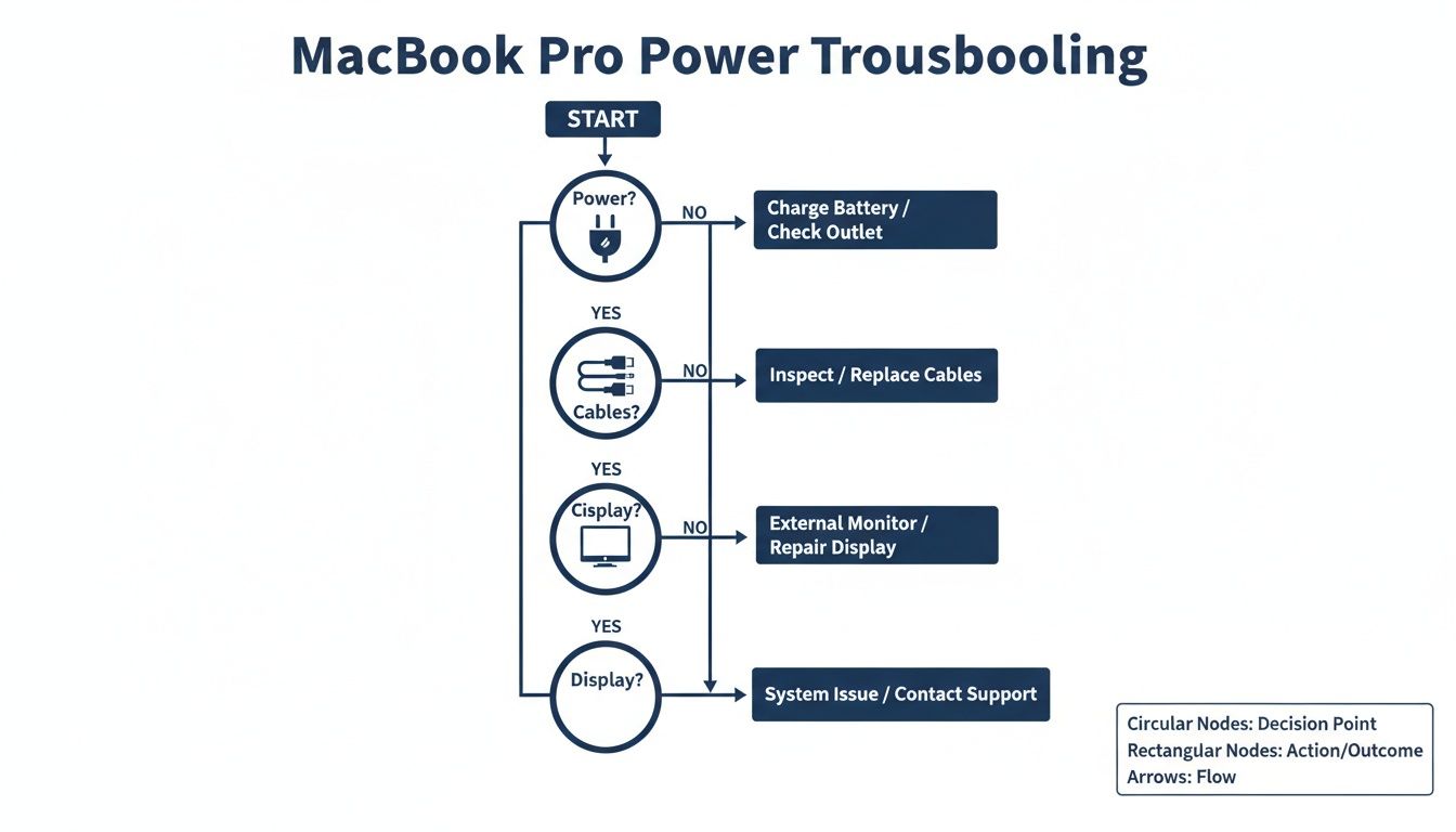 Flowchart illustrating steps to troubleshoot a MacBook Pro power issue, including checks for battery, cables, and display.
