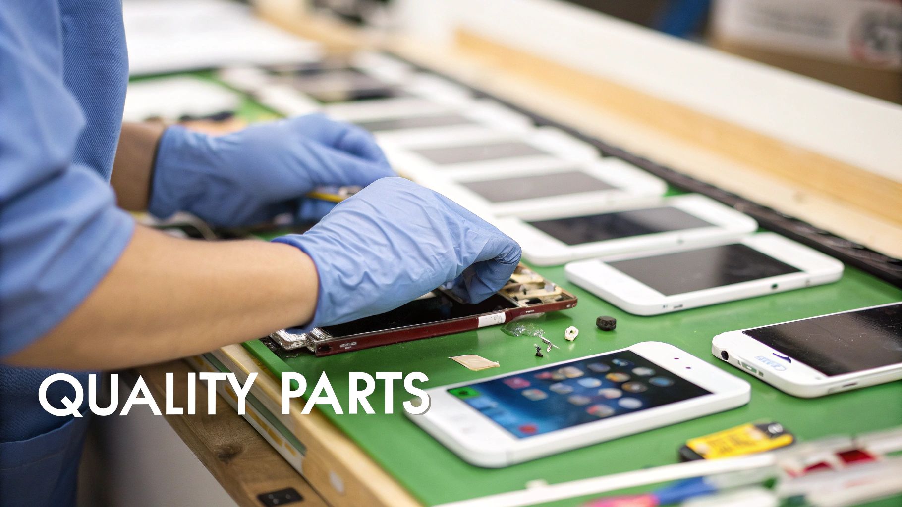 A close-up shot of high-quality iPhone replacement screens and small components neatly organised on a repair desk.