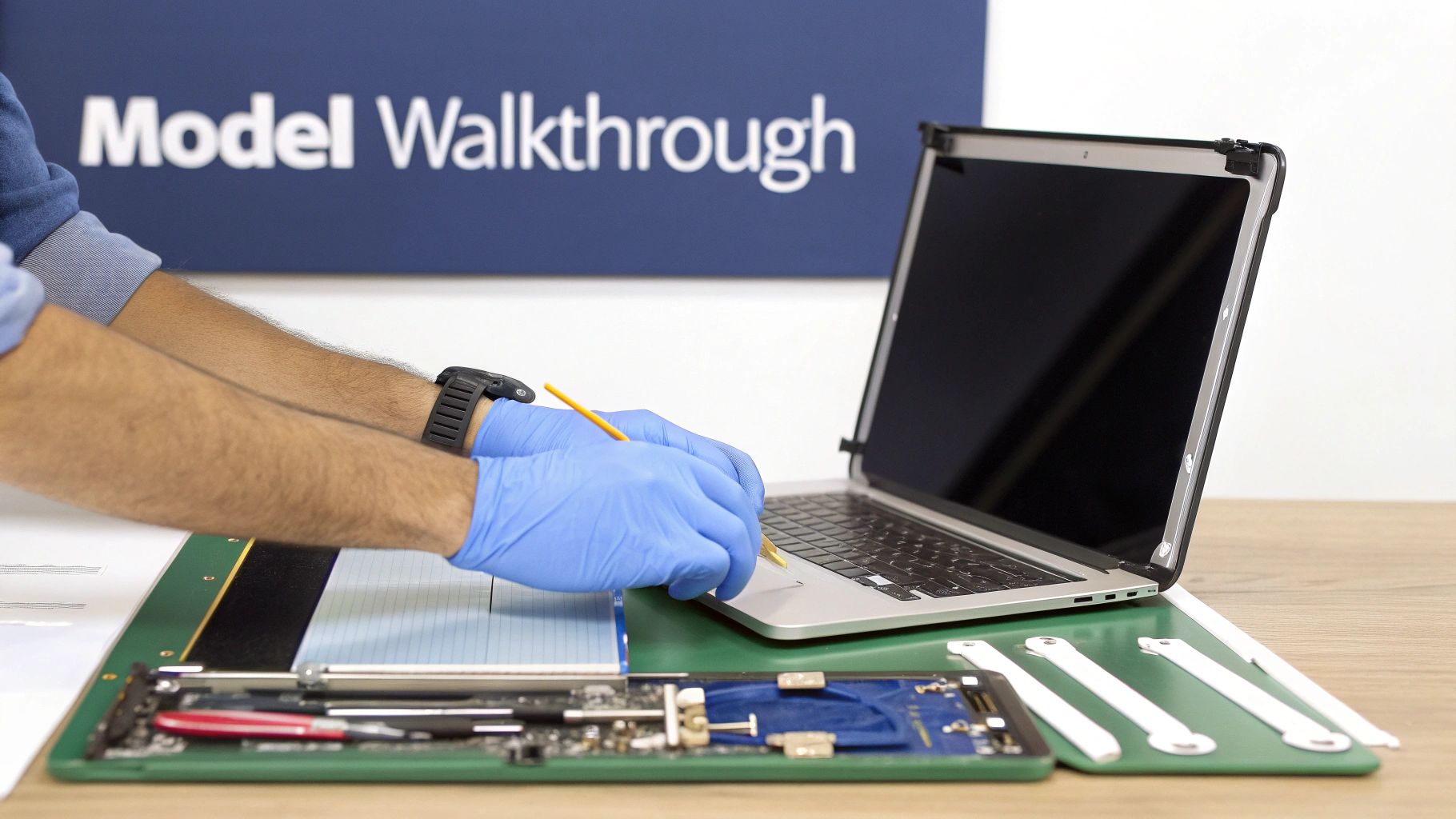A person in blue gloves carefully works on a disassembled MacBook Pro laptop screen, using tools on a green mat.