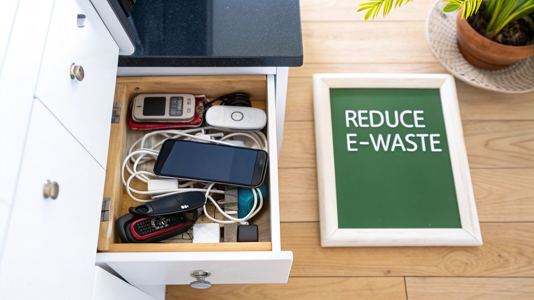 An open drawer brimming with old cell phones, tangled cables, and chargers, beside a 'REDUCE E-WASTE' sign.