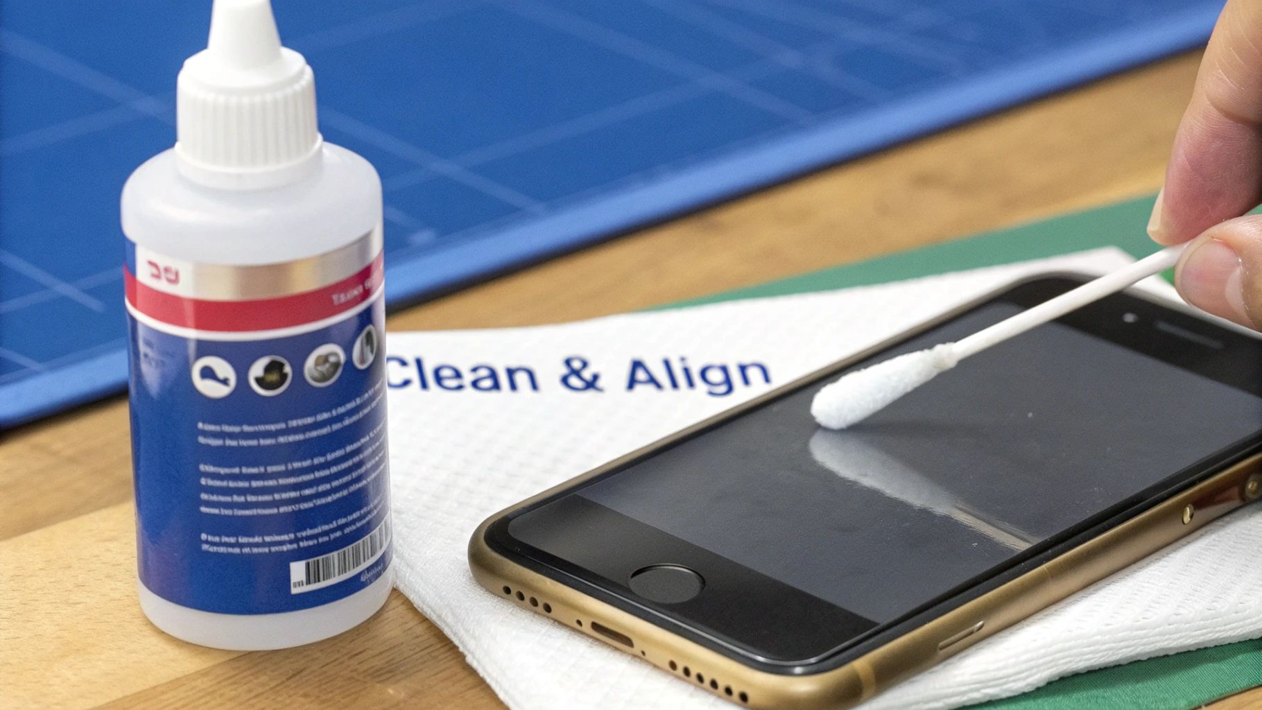 A person meticulously cleans a gold-framed smartphone screen using a cotton swab and a cleaning solution.