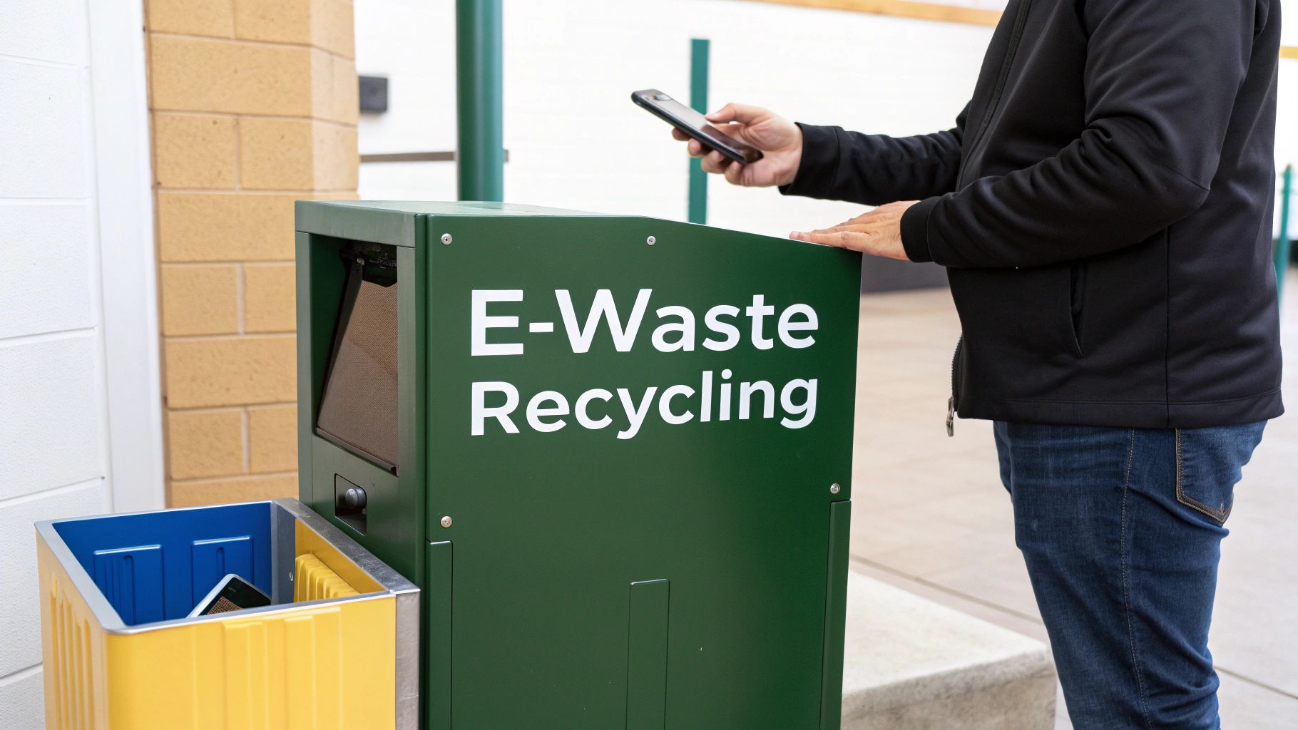 A person holds a smartphone near a green E-Waste Recycling bin, preparing to recycle it.