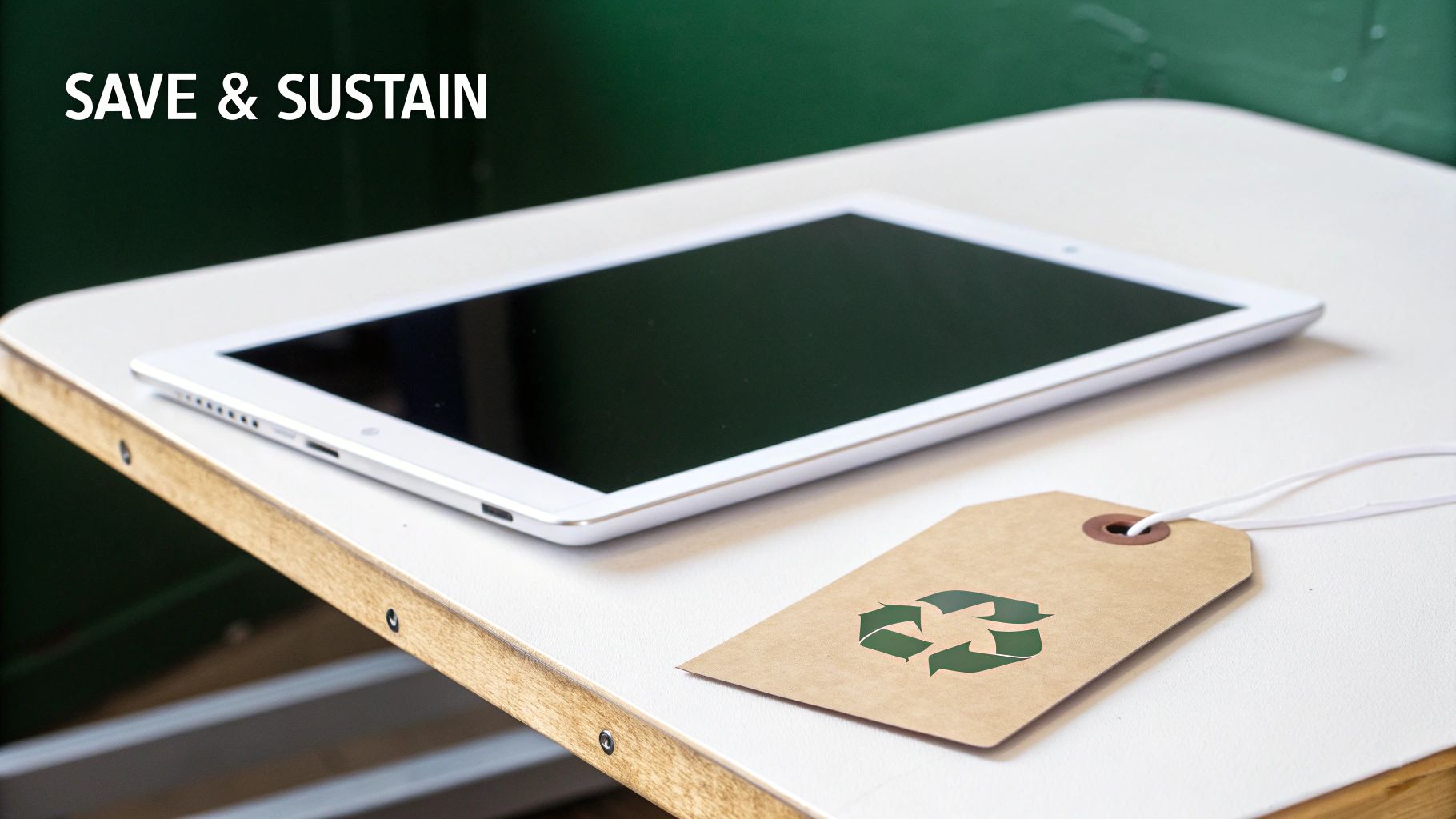 A white tablet and a brown tag with a recycling symbol on a desk, with 'SAVE & SUSTAIN' text.