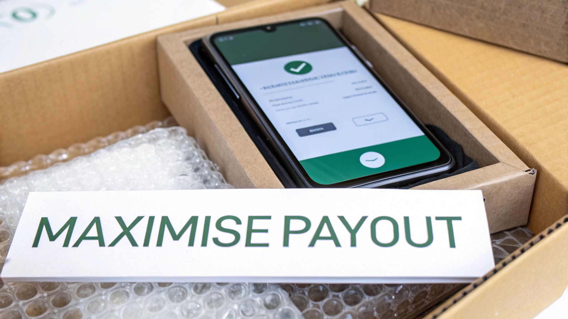 A smartphone showing a green checkmark in a cardboard box with bubble wrap, next to a card saying 'MAXIMISE PAYOUT'.