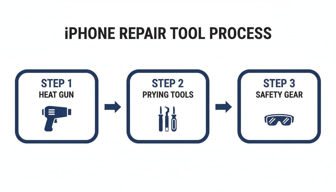 Three-step iPhone repair tool process: heat gun, prying tools, and safety gear for screen replacement.