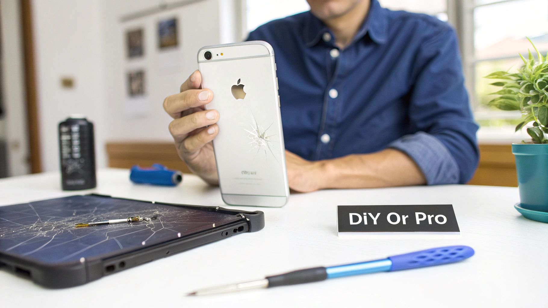 A technician carefully repairing a cracked iPhone screen on a clean work mat.