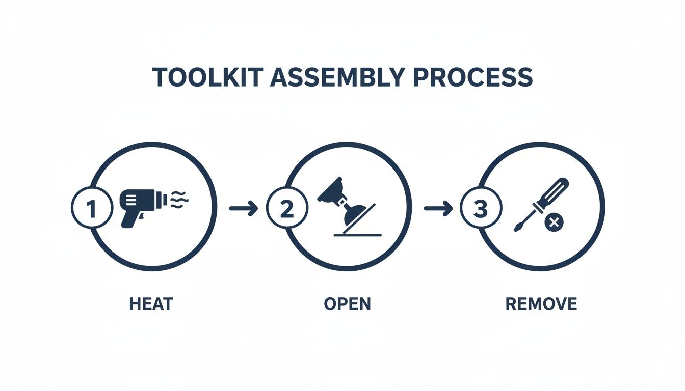 Three-step repair process showing heating a device, opening it with a suction cup, and removing internal components.