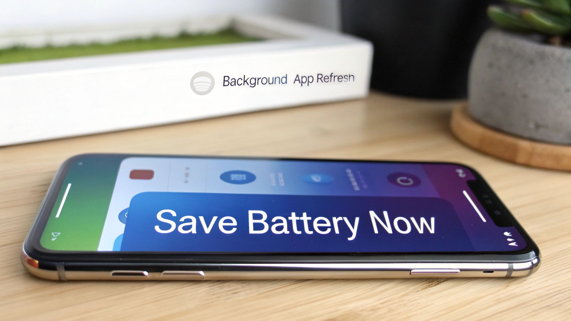 An iPhone displaying 'Save Battery Now' on its screen, with 'Background App Refresh' box in the background.