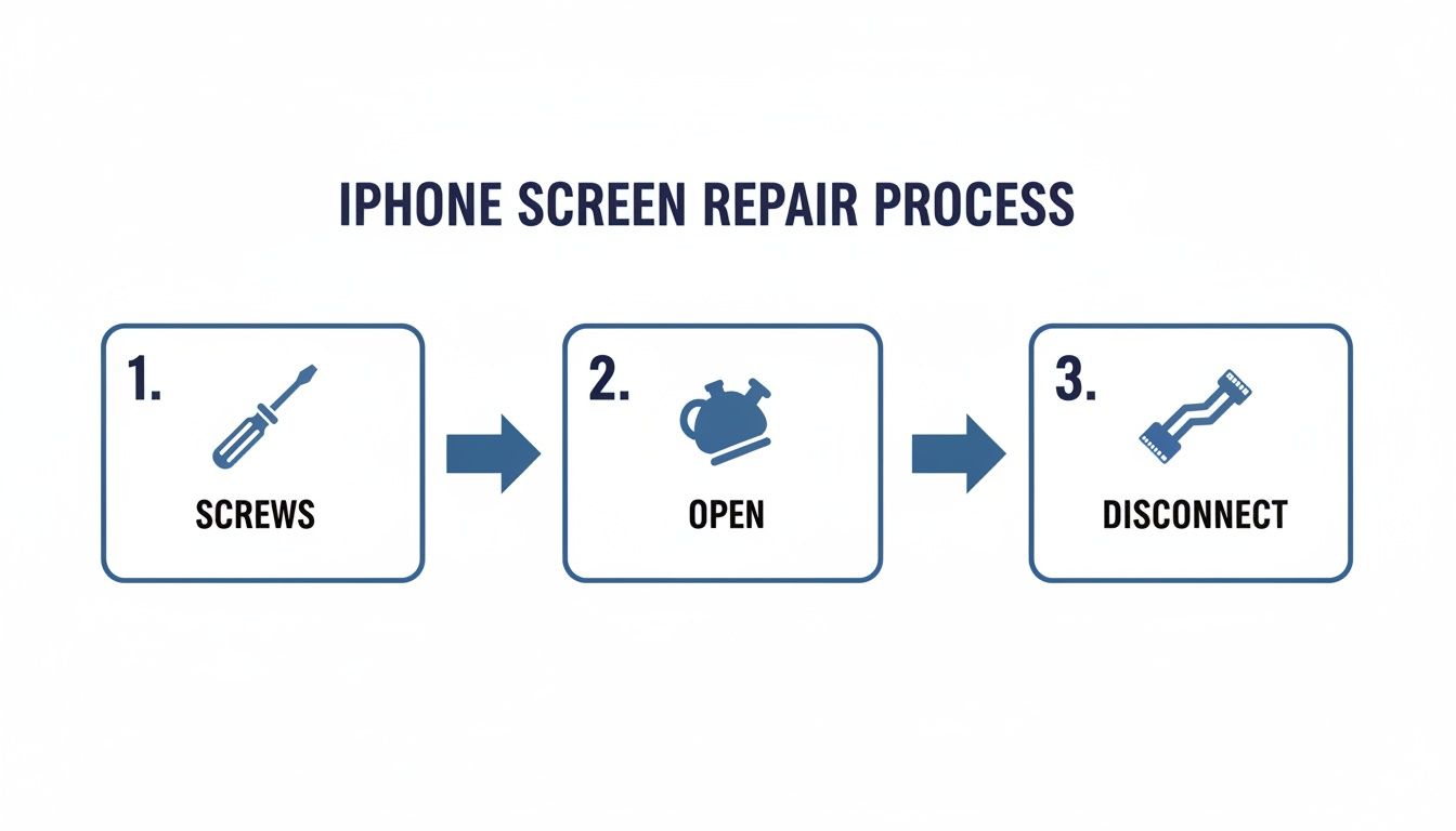 Infographic showing steps to repair an iPhone screen: remove screws, open device, disconnect cables.