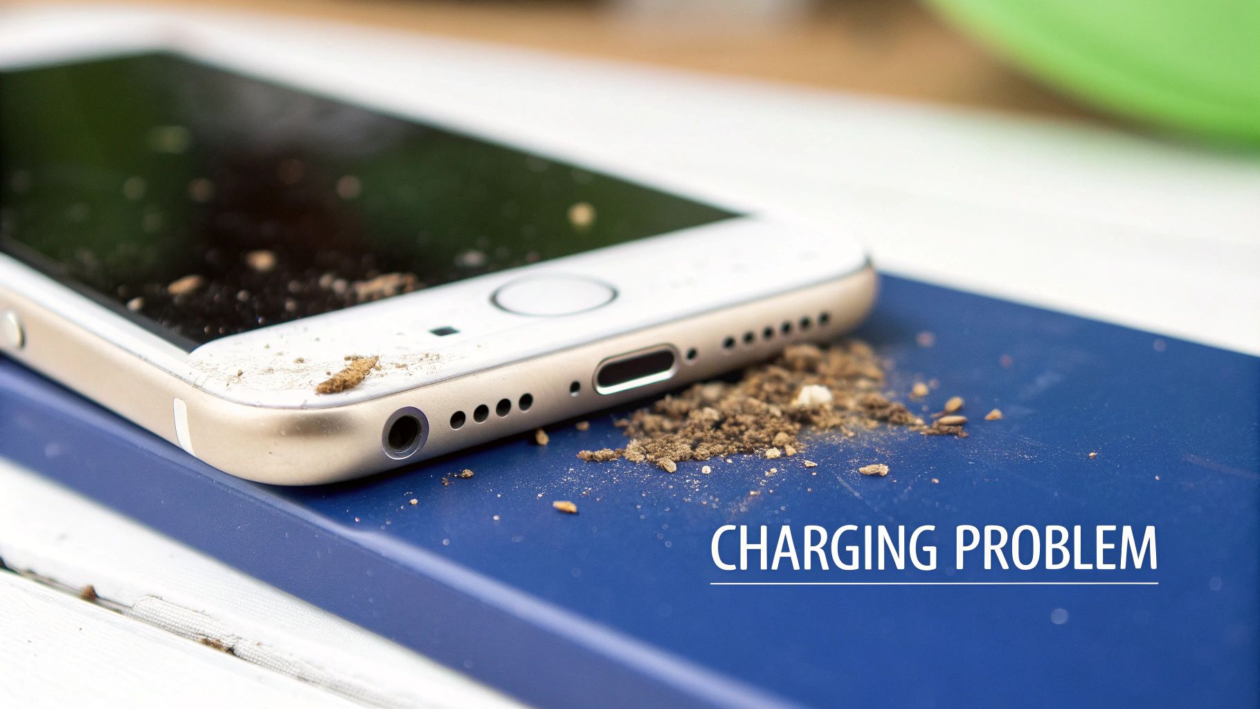 Close-up of a dirty smartphone with debris around its charging port and headphone jack, indicating a problem.