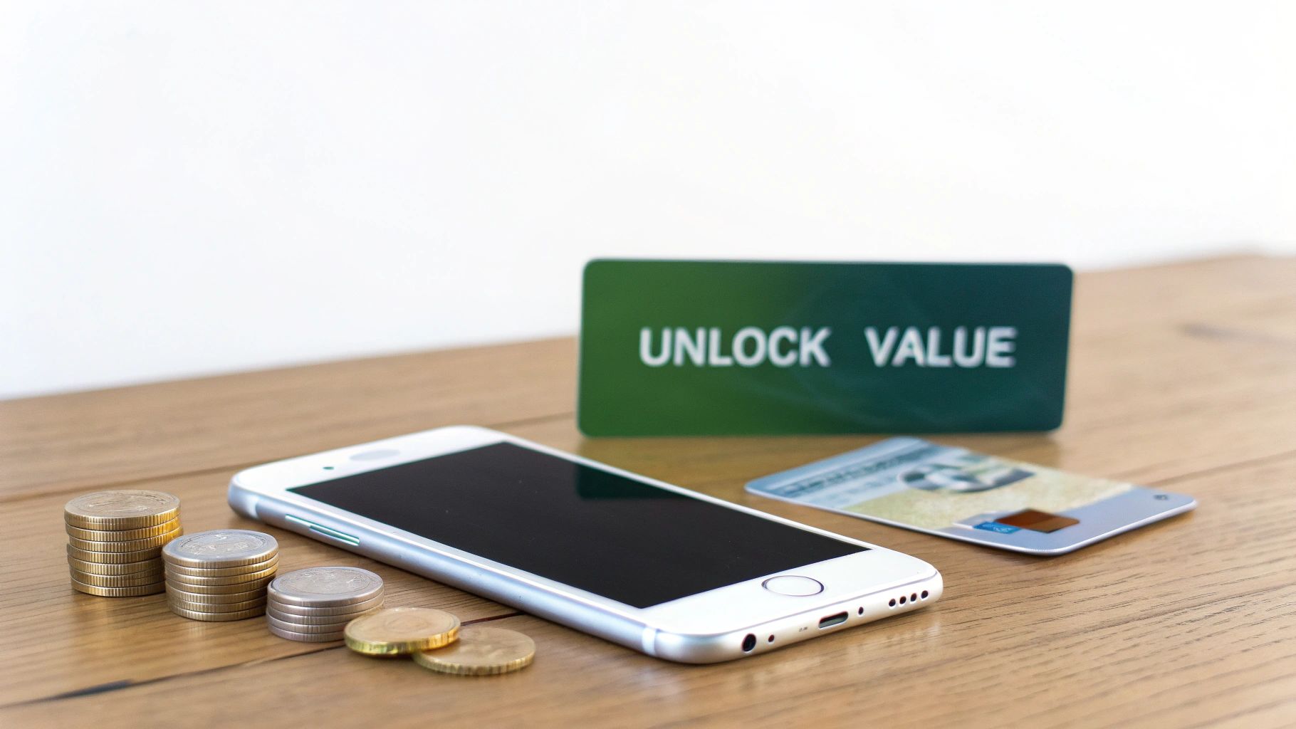 A smartphone, stacked coins, and a credit card on a wooden table, with a green 'UNLOCK VALUE' sign.