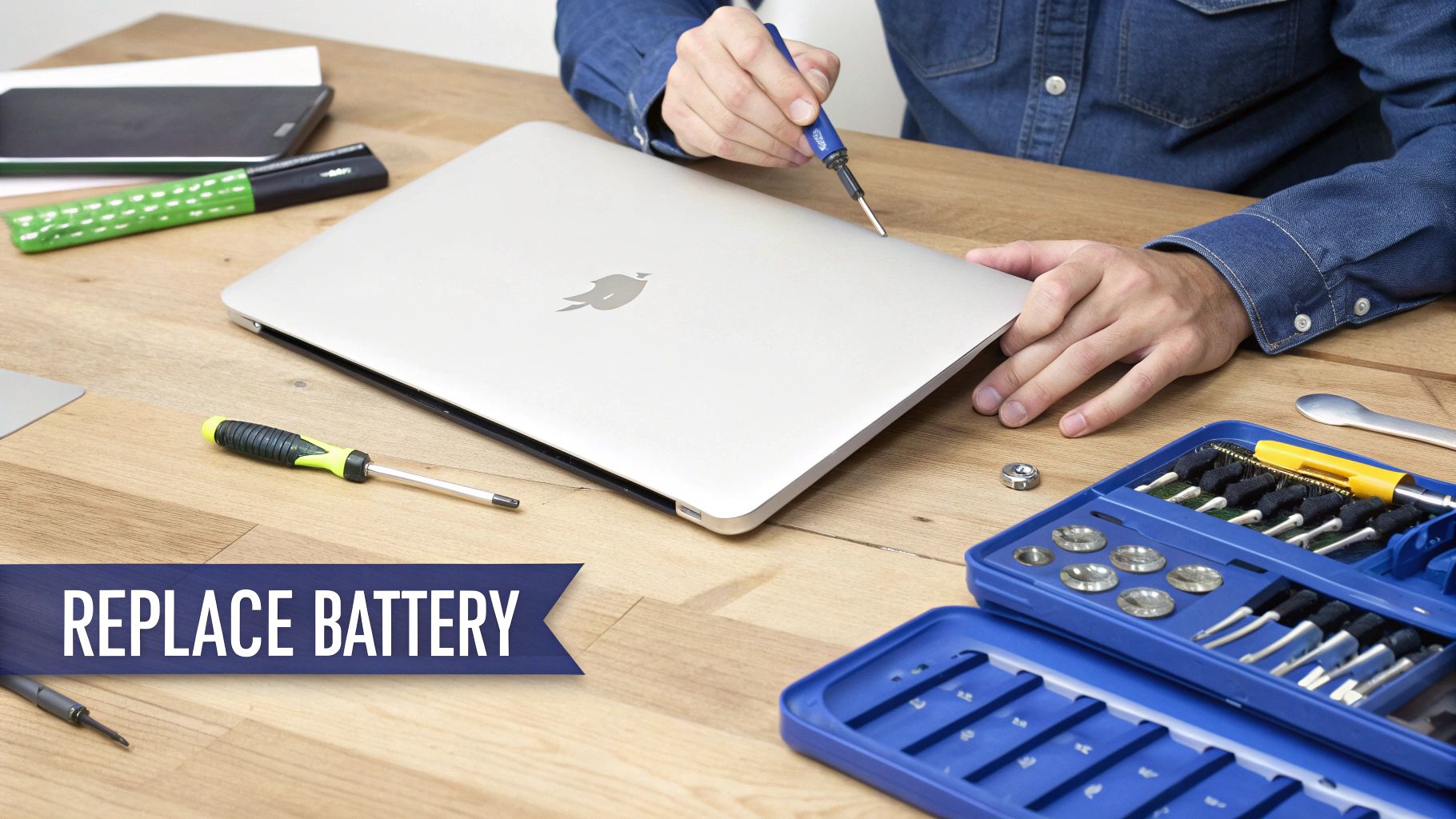 A person uses a screwdriver to open a silver MacBook, ready for battery replacement.