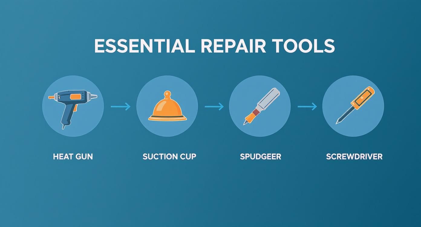 A diagram showing essential repair tools: heat gun, suction cup, spudger, and screwdriver in sequence.