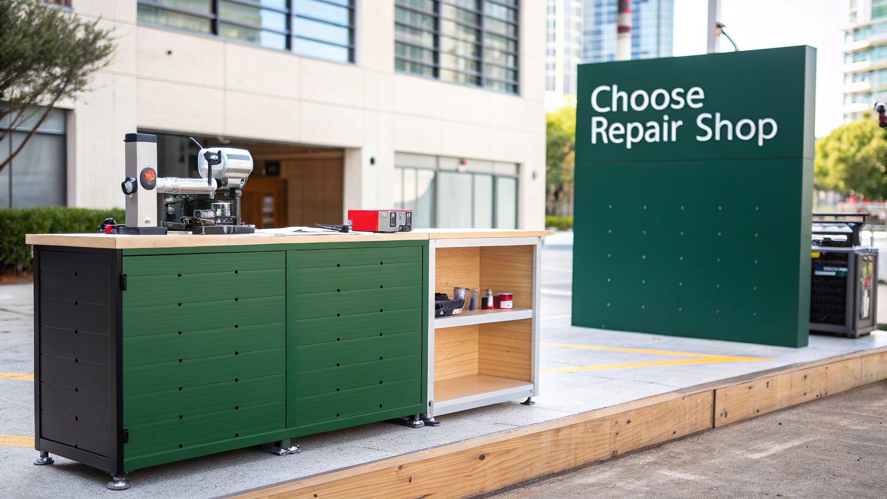 A mobile green and black repair shop workbench with equipment sits next to a 'Choose Repair Shop' sign.