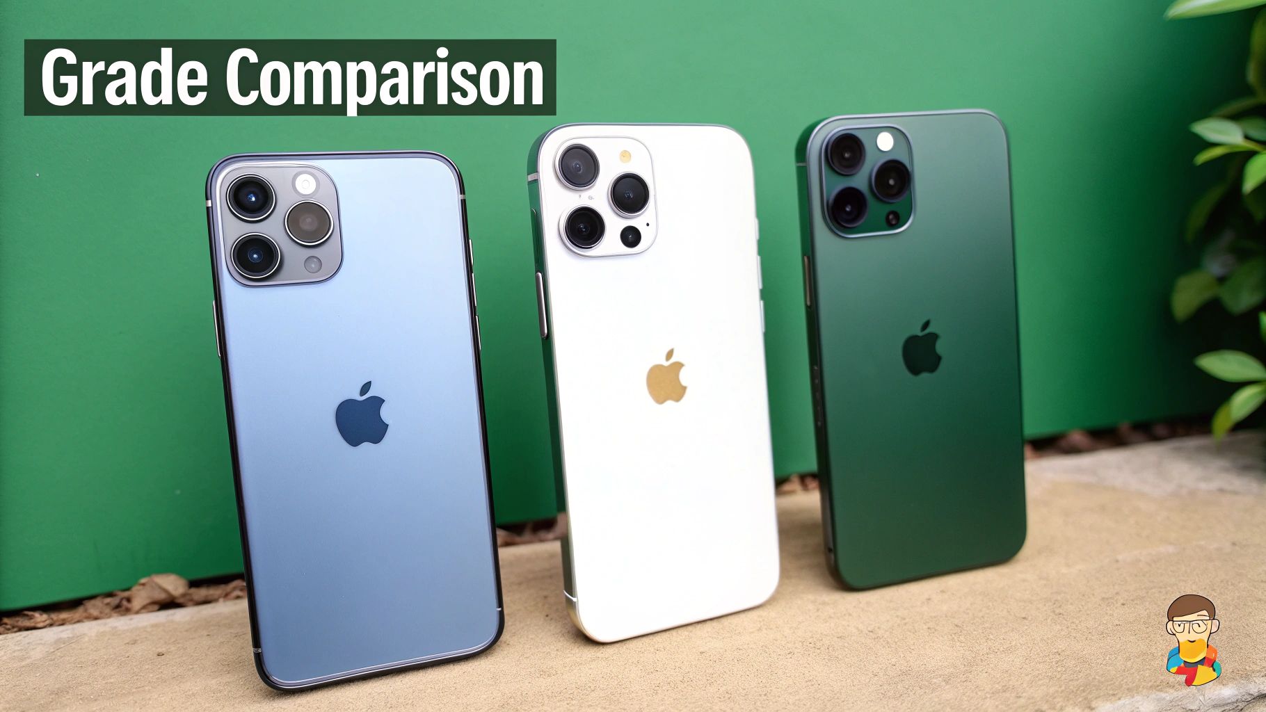 Three iPhones in different colors, blue, white, and green, displayed for grade comparison.