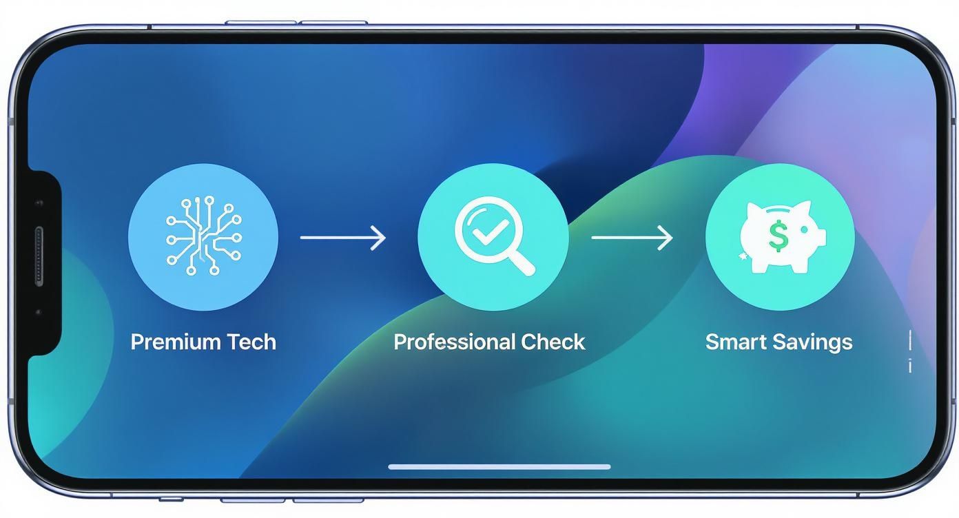 An iPhone displaying a three-step process: Premium Tech, Professional Check, and Smart Savings.