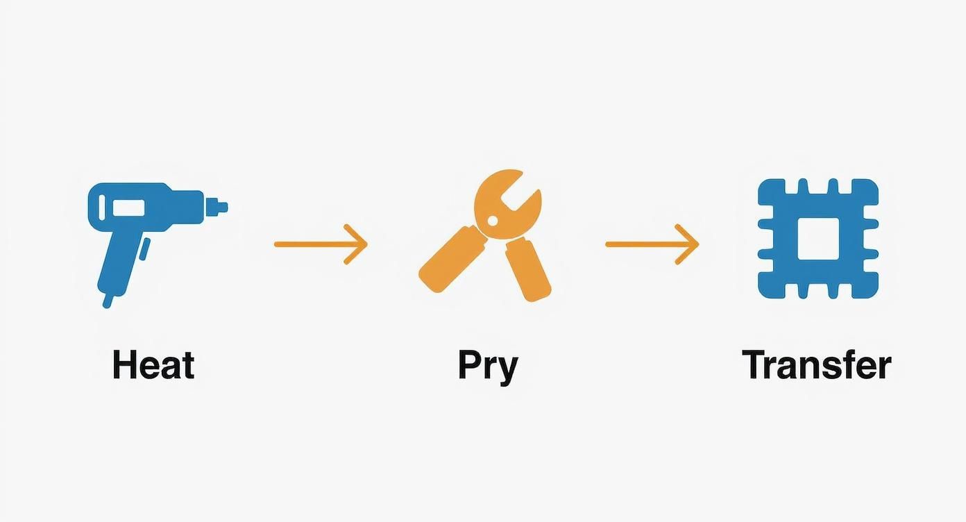 A three-step process: heat gun, prying tool, and microchip, illustrating component transfer.