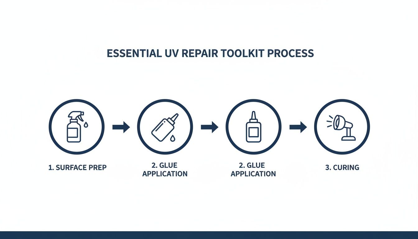 A diagram illustrating the essential UV repair toolkit process with steps: surface prep, glue application, and UV curing.