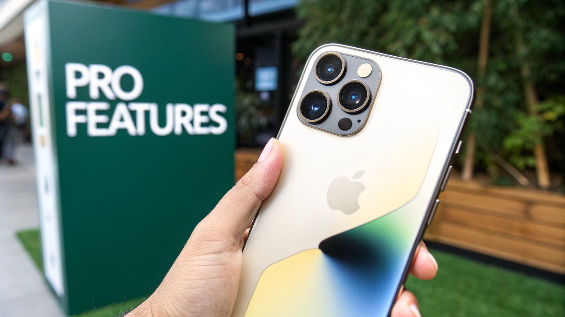 Hand holding a gold iPhone with a triple camera and Apple logo, against a blurred 'PRO FEATURES' sign.