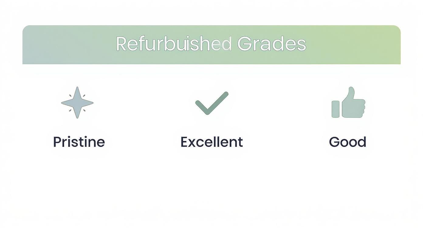 Infographic showing the different grades of refurbished iPhones, including Pristine, Excellent, and Good, with corresponding icons.
