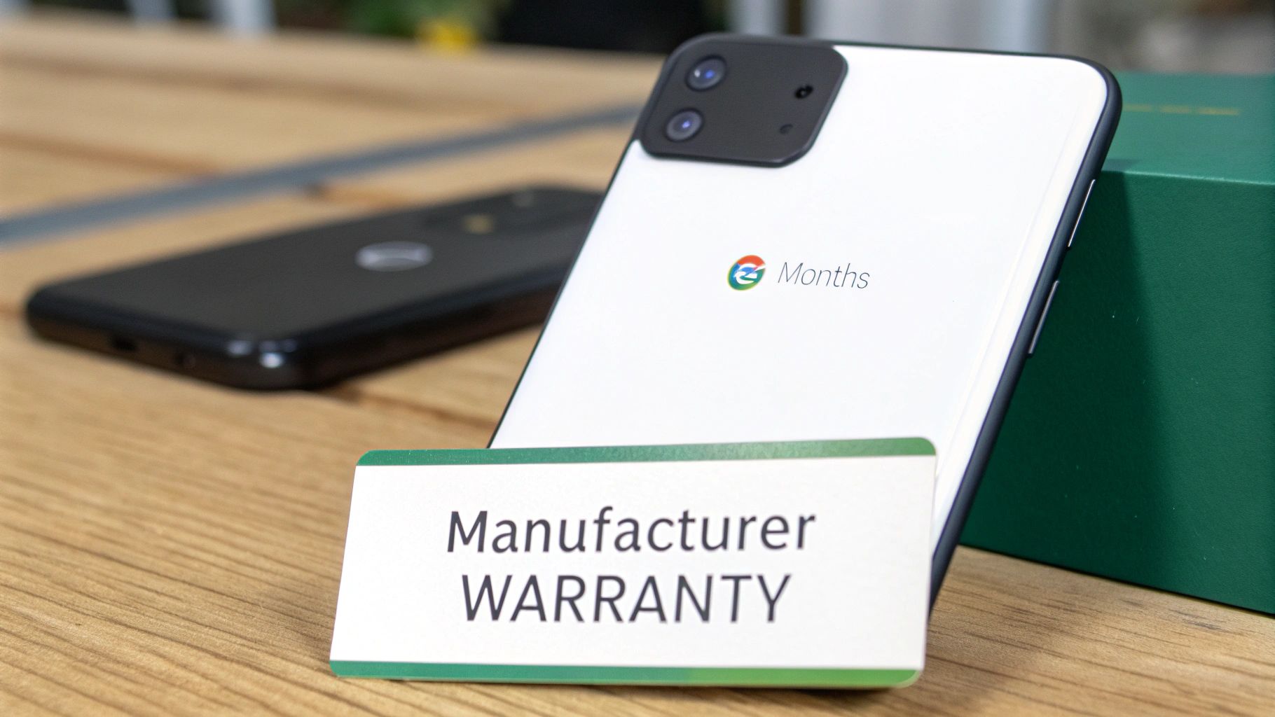 A white smartphone displaying a 'Months' logo, next to a 'Manufacturer WARRANTY' sign on a wooden table.