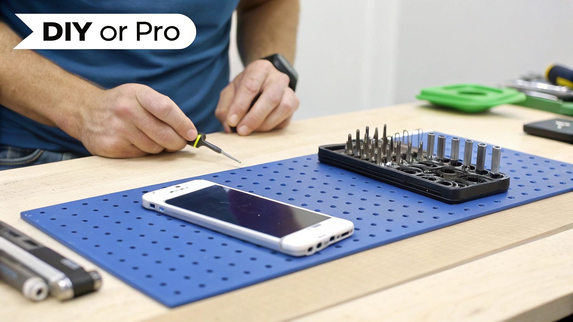 Hands using a small screwdriver to repair a white mobile phone on a blue mat.